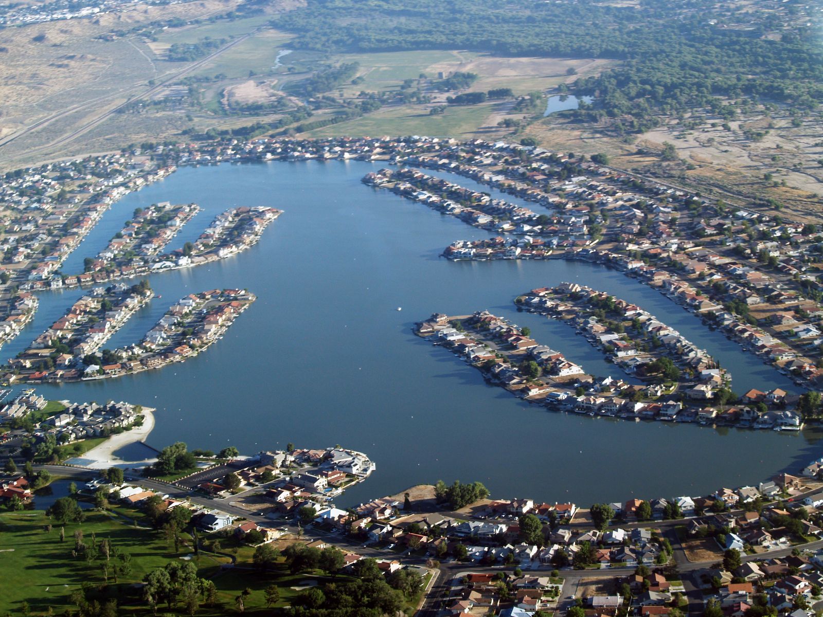 aerial view of lake and homes