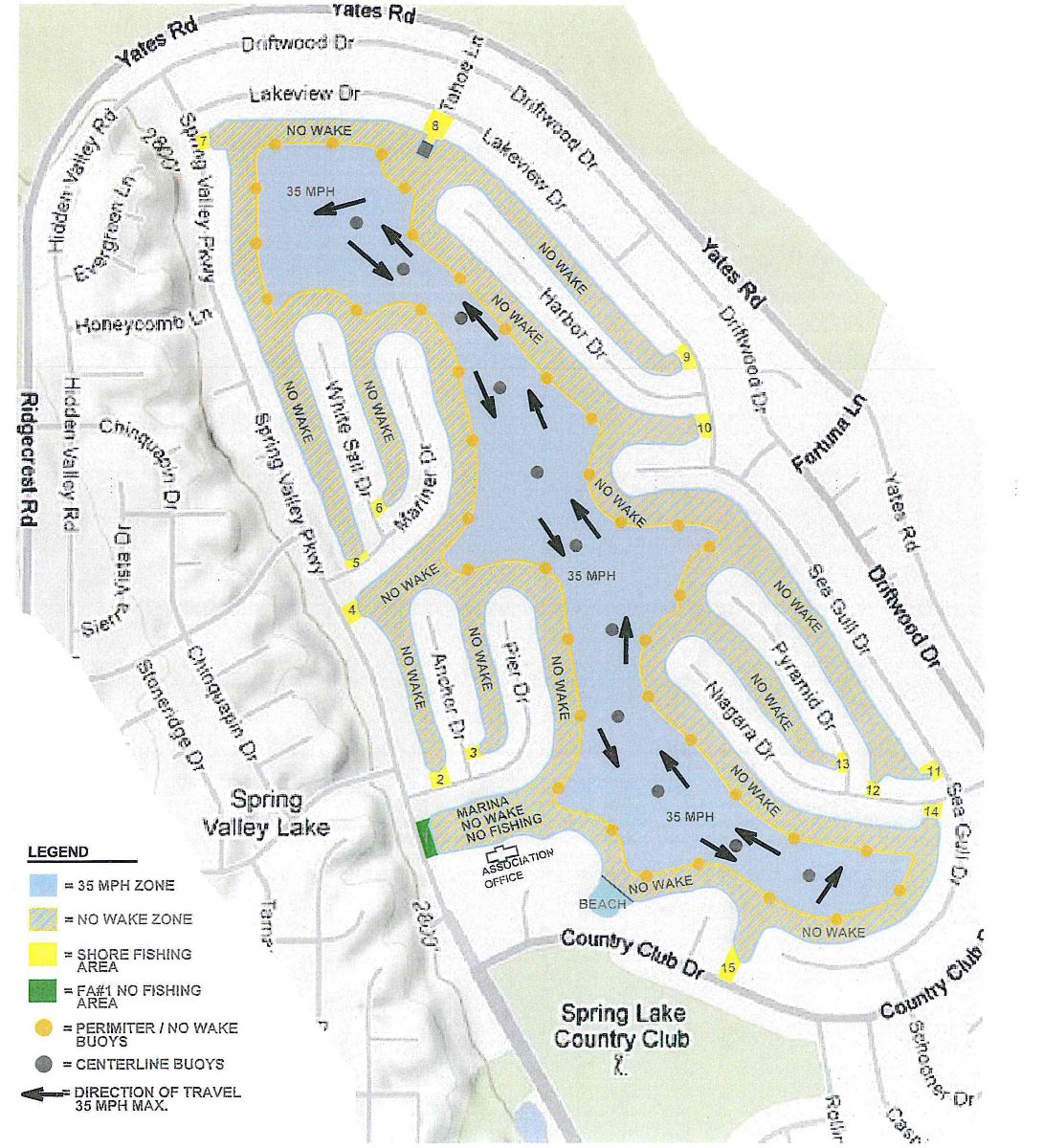 map of lake, fishing areas, direction of boat travel (counter clockwise)